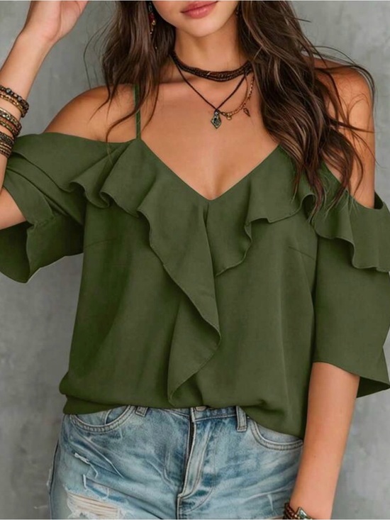 BellanBlue Tops - Boho Ruffle Detail Cold Shoulder Blouse